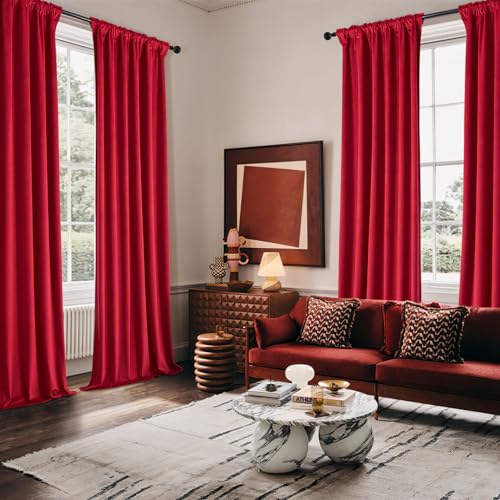Image of MIULEE Velvet Curtains 50W x 84L 2 Panels Red Blackout Curtains | Luxury velvet fabric, pinch pleat design, back tab hooks, thermal insulated, blackout light blocking, for living room bedroom