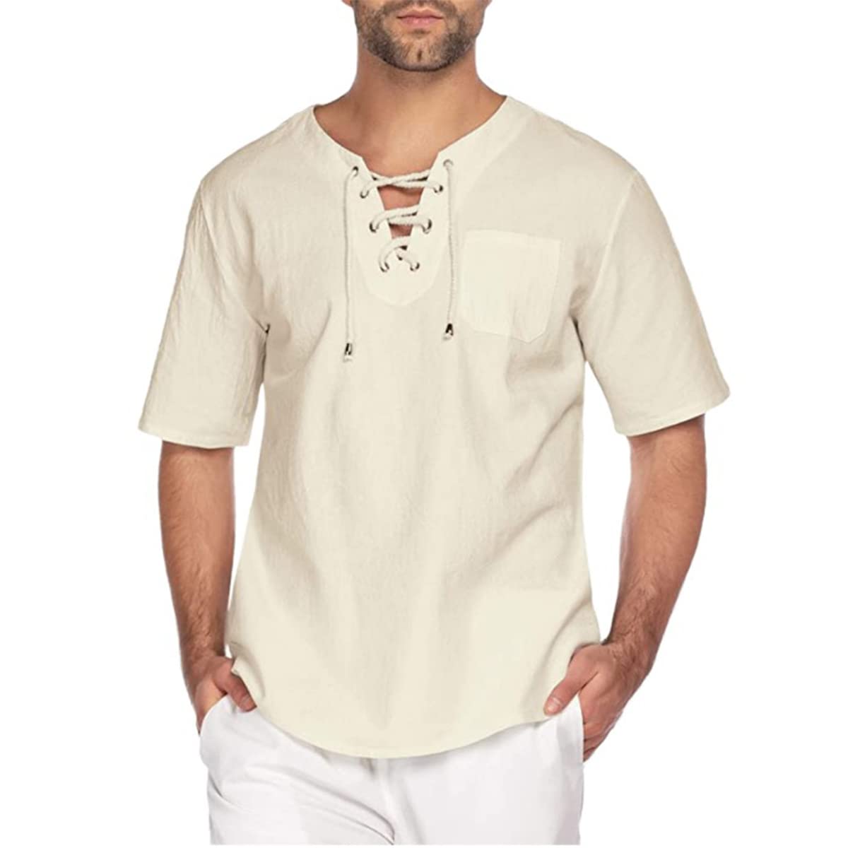 Cicano Camisa de playa de lino y algodón para hombre, casual, manga corta, con cordones, camiseta hippie sin cuello