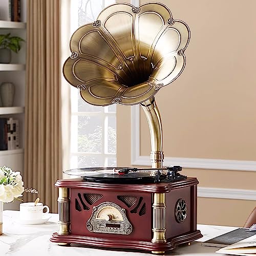 HZLSBL Vintage Gramophone with Bluetooth Input Vintage Record Players Retro Gramophone Turntables for 7' 9' 12' Vinyl Records 3 Speed, Hi-Fi, Handcrafted by Pure Oak (Walnut)