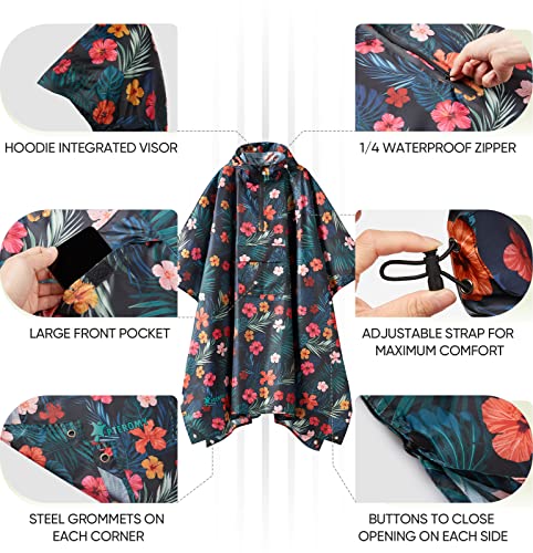 Image of PTEROMY Hooded Rain Poncho for Adult, Waterproof Lightweight Unisex Raincoat for Hiking Camping Emergency