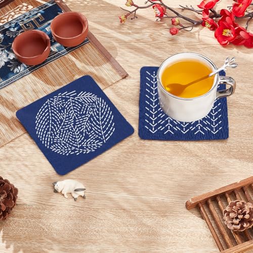 Image of FREEBLOSS 4 Set Sashiko Coaster Kit Water Soluble Embroidery Patterns Full Embroidery Kit Includes Sashiko Thread, Needles and Fabric Coaster Making Kit for Adults Embroidery Lovers
