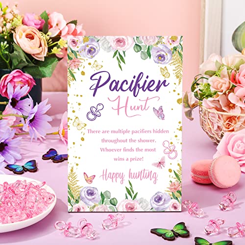 Image of Thyle 51 Pcs Pacifier Hunt Baby Shower Games Include Hunt Sign and 50 Acrylic Pacifiers for Baby Shower Game Decoration Gift Sets Gender Reveal Party Decor(Butterfly)