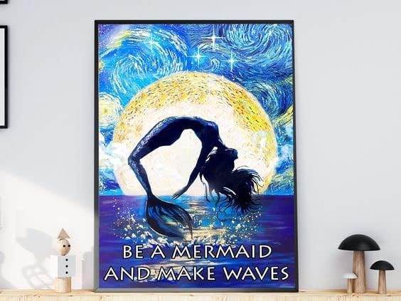Be A Mermaid And Make Waves Retro Metal Tin Sign Vintage Aluminum Sign For Home Coffee Wall Decor 12x16 Inch