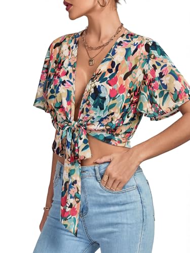 Image of LYANER Women's Sexy Deep V Neck Tie Front Wrap Cropped Blouse Bell Short Sleeve Ruffle Crop Tops
