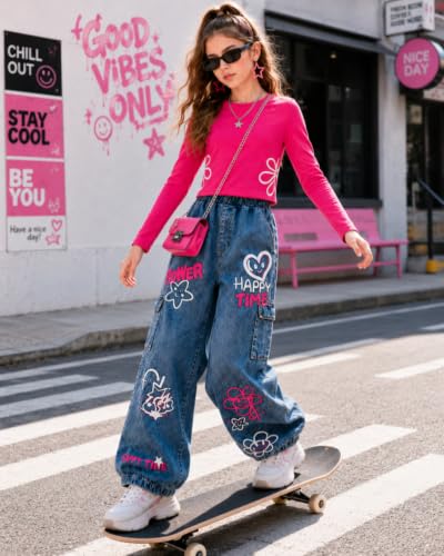 Image of Tween Girls Clothes 2 Piece Long Sleeve Top + Denim Cargo Pants, Teen Girls Fall Clothing Set, Sizes 7-16 Years