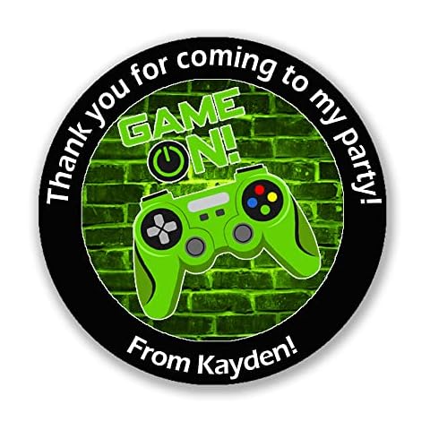 24 x Personalised Gaming Birthday Stickers for Party Thank You Sweet Cone Bags Video Games Party Bus - (D1 - Green) Cover