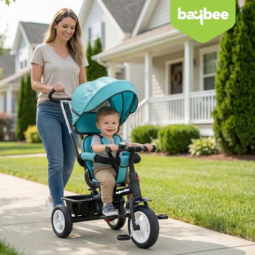 Image of Baybee Mario 3 in 1 Baby Tricycle for Kids with Parental Handle & 360 Rotatable Seat | Smart Balance Trikes with Canopy, Storage & Footrest | Baby Cycles for Kids 3 to 5 Years Boys Girls (Light Blue)