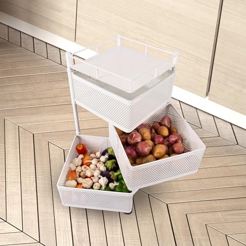 Image of KITCHIVO Kitchen Storage Rack | Revolving Vegetable Rack | Square Multipurpose Storage Trolley with Wheels | Metal Fruit Rack (White, 5 Layer)