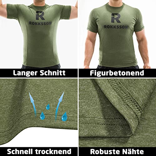 Foto von Rokksson Fitness T-Shirt für Herren - Kurzarm-Funktionsshirt, Slim Fit - Für Bodybuilding, Crossfit, Workout & Training - Atmungsaktiv & schnelltrocknend (Moosgrün, L)