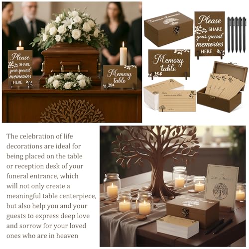 Image of Gilprop 112 Pcs Celebration of Life Memory Cards Set Share a Memory Cards with Box 2 Wood Sign with 4 Hold and 5 Pens, Sympathy Memorial Gifts Funeral Keepsake Decorations (Tree)