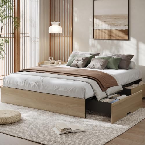Image of GarveeHome Wood Platform Bed Frame, Queen Bed Frame with 2 Drawers | Floor Bed Frame, Low Profile Design, Wood Slat Support, No Box Spring Needed, Easy Assembly
