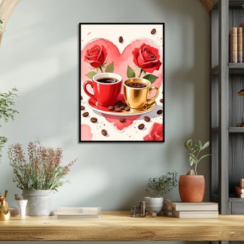 Image of AiYuanzsh Coffee Diamond Art Kits for Adults, Coffee Cups Roses Diamond Painting Kits for Beginners, 5D DIY Full Drill Round Rhinestone Gem Art Crafts Paintings for Home Wall Decor 12 inchx16 inch