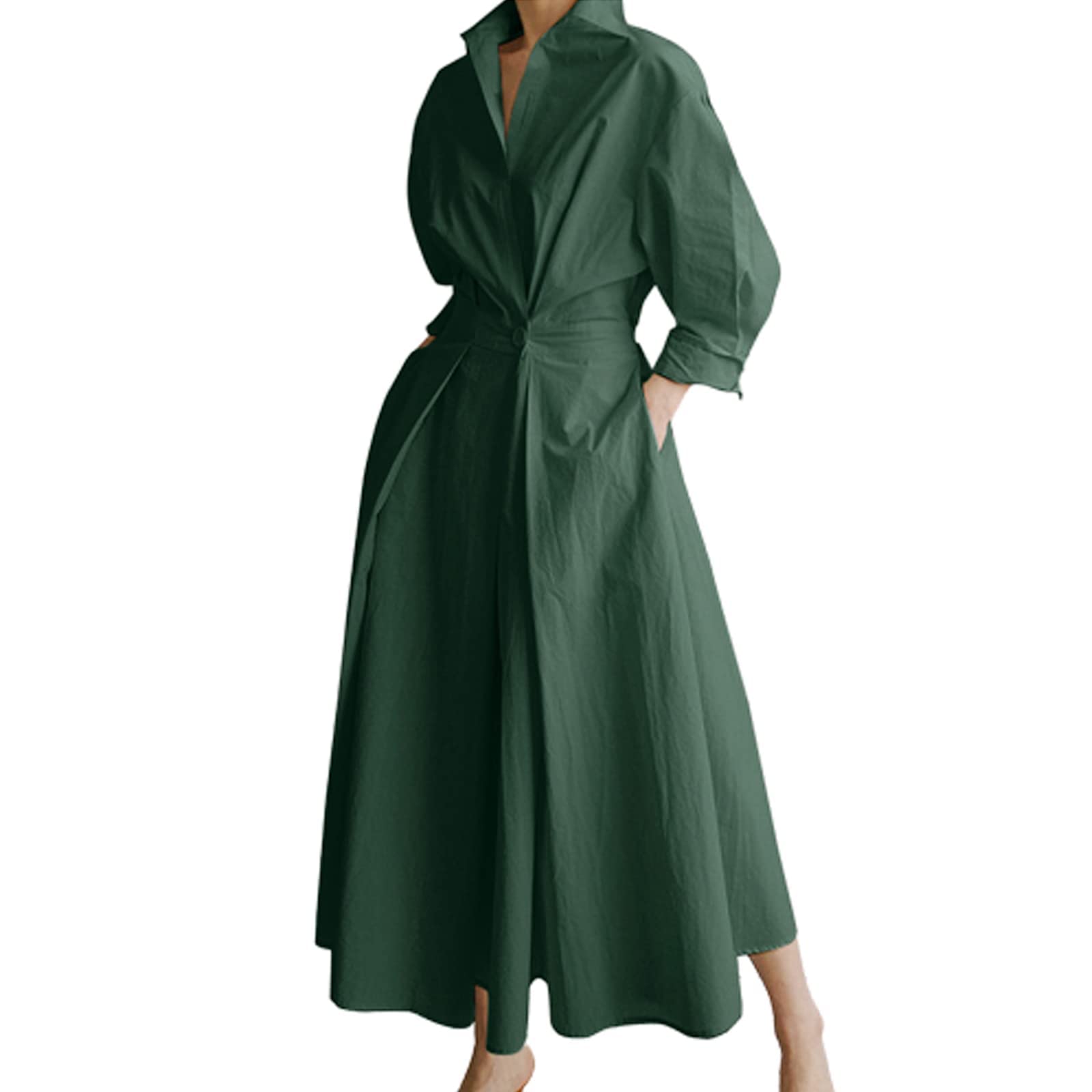 Maxi abito chemisier da donna a maniche lunghe, con bottoni e vita plissettata, lungo e ampio, con tasche