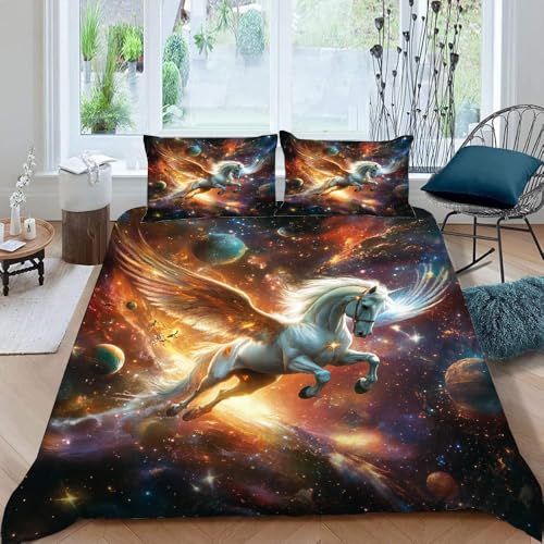 Housse de couette 220x240 cheval anti-glissement avec glissière pratique
