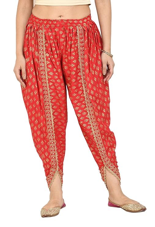 Women's/Girls' Cotton/Rayon Linen Printed Dhoti Pant for Patiala Salwar - Full Length Lace - Free Size (28 Till 34) Red-image-37