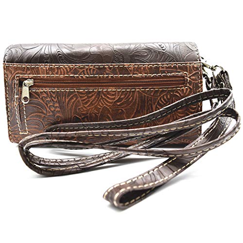 Western Feather Tooled Leather Floral Laser Cut Flower Purse Studs Single Shoulder Bag Clutch Women Trifold Wristlets Wallet (Coffee)2