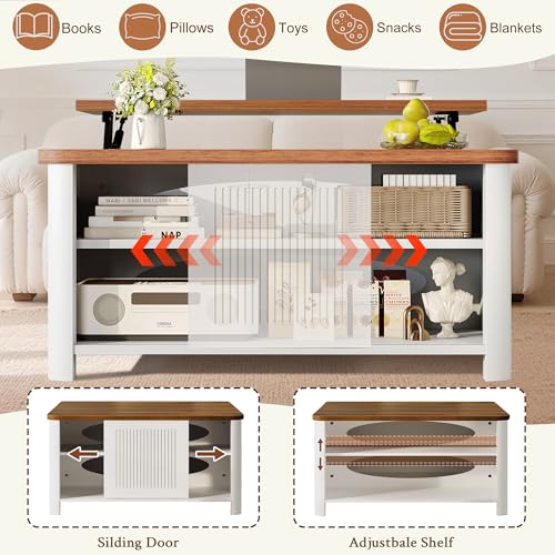 Image of Decofy Lift Top Coffee Table with Storage, Square Coffee Table with Large Hidden Storage & Adjustable Shelves, Farmhouse Center Table with Sliding Door for Living Room, Home Office, White