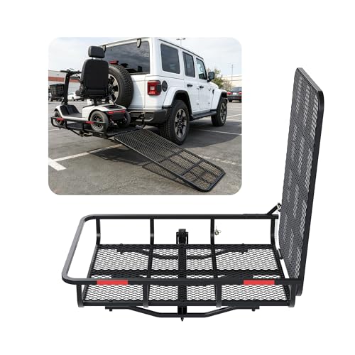 ALMULOO Hitch Mount Carrier with Folding Ramp for Wheelchairs and Lawn Equipment with a Capacity of 500lbs and 73lbs Unit Weight