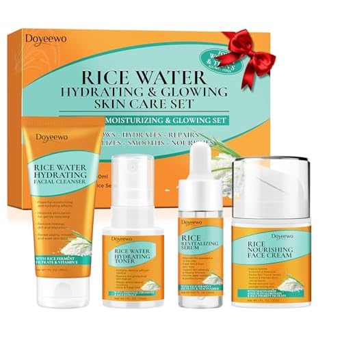Skin Care Set,4Pcs Women Teen Glass Skincare w/Korean Rice Extract,Hydrate Glow Repair Anti-Aging Facial Routine Mini Kit Self Care Gifts for Women Mom Wife Teens Teenage Girl Airplane-Frien