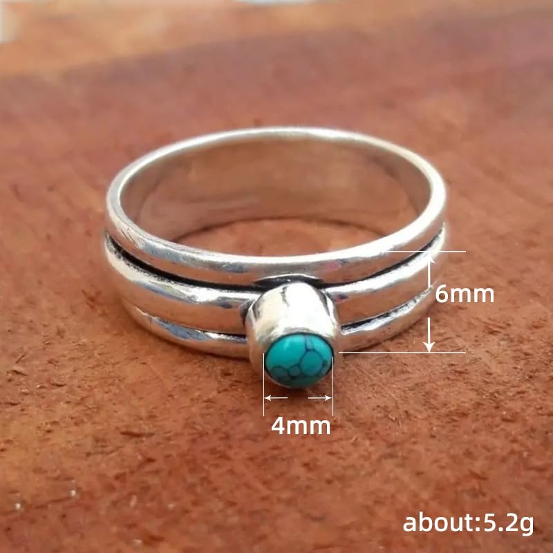 Vintage Round Synthetic Turquoise 925 Sterling Silver Ring Band Engagement Wedding Promise Bands with Blue Turquoise Stackable Multilayer Rings for Her 7#3