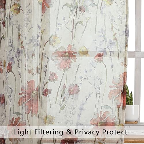 Image of OWENIE Crushed Kitchen Window Curtains 45 Inches Length 2 Panels, Elegant Farmhouse Printed Short Semi Sheer Curtains for Cafe Bathroom Bedroom, Light Filtering Rod Pocket Curtain, 42Wx45L inch