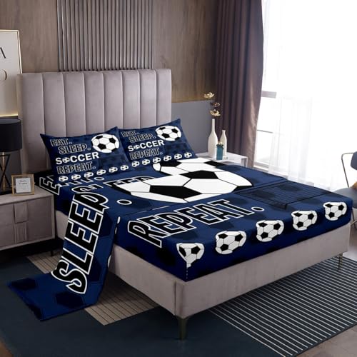 Feelyou Kids Football Printed Bed Sheets Full Size Blue Eat Sleep Soccer Ball Decorative Sheets Set for Boys Teens Sports Theme Bedding Set Ball Gamer Fitted Sheet Set All Season 2 Pillowcases