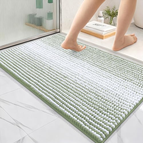 Image of OLANLY Bathroom Rugs 36x24, Extra Soft Absorbent Chenille Striped Bath Rugs, Rubber Backing, Machine Wash Dry, Bath Mats for Bathroom Floor, Tub and Shower, Home Decor Accessories, Sage Green