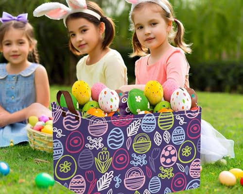 Image of Large Rectangular Easter Baskets Empty Waterproof Boy Toy Box Foldable Kid's Gifts Storage Bin Spring Room Decor(Purple Striped Egg)