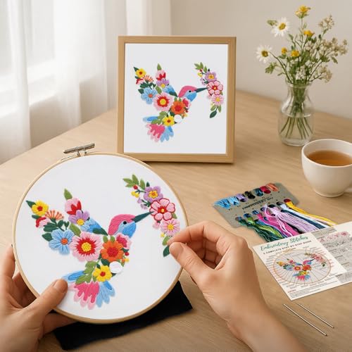 Image of Nuberlic Bird Flower Embroidery Kit for Beginners -Adults Starter Cross Stitch Kit DIY Needlepoint with Hoop, Pre-Printed Fabric, Threads & Step-by-Step Guide