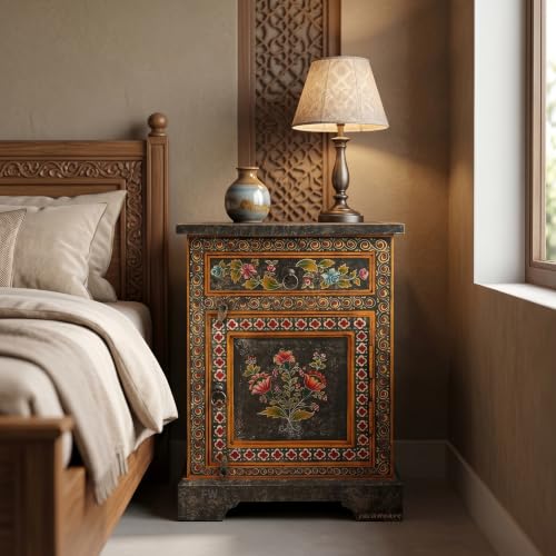 Image of Wooden Bedside Table for Bedroom with Drawer | Solid Wood Handcrafted Bed Side Table with Drawers | Side Table for Living Room | Decorative Chest of Drawer for Home Decor (Handpainted)