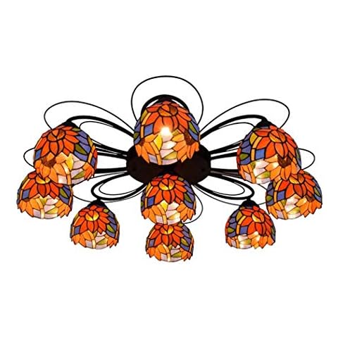 Yjmgrowing Vintage Tiffany Style Multi-Head Ceiling Light in Hand-Made Blue Sunflower Stained Glass Chandelier for Living Room Bedroom Hallway Flush Mount Lighting Fixture,110-240V,E27,9head Cover