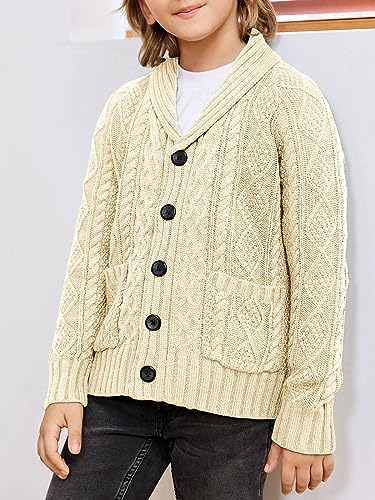 rrhss Boys Cable Knit Cardigan Sweater Kids Button Down Shawl Collar Outwear Sweater with Pockets 3-12 Years4