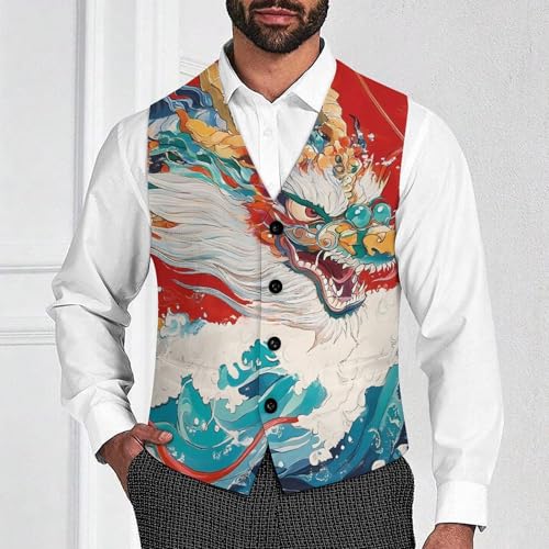 Dragon And Wave Suit Vest for Men Slim Fit Tuxedo Waistcoat Button Down V Neck Business Dress Coat4