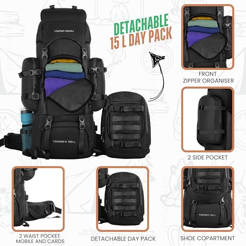 Image of Hyper Adam 95 Ltr Rucksack With Detachable Hiking Backpack & Rain Cover for Trekking & Travelling | Mountain Bags For Men & Women| Backpack Military Grade Made With 3 Year Warranty