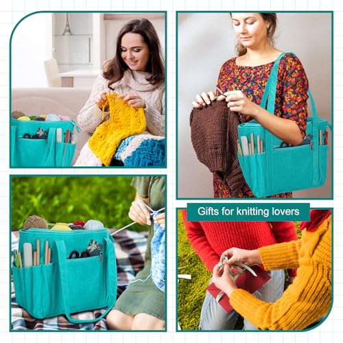 Cosblank XIK-COSBLANK-0614 Crochet Bag Tote Yarn Knitting Bag Corduroy Teal Yarn Storage Organizer thumb #5
