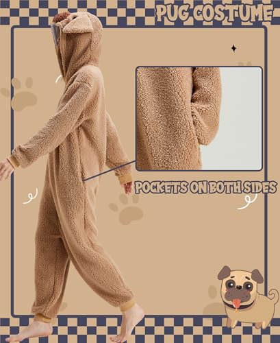 sazpajacos Mops Einteiliger Pyjamas Mops Kostüm Tier Nachtwäsche Cartoon Mops Onesie Frauen Männer Weihnachten Karneval Cosplay Kostüm, Hellbraun M