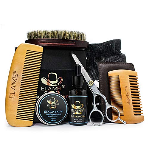 6 Pcs/set Beard Growth Kit,Anself s Beard Care Tool Set Beard Comb+Beard Brush+Beard Trimming Scissors+Beard Oil+Beard Balm+Double Sided Beard Comb+ Storage Bag