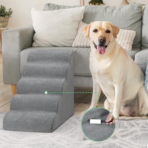 5 Stufen Hundetreppe für Bett und Sofa, LIANTRAL Haustiertreppe mit strapazierfähigem hochdichtem Schaumstoff und waschbarer Bezug und Tierhaarentferner-Rolle, reduziert Stress auf Tiergelenke, Grau