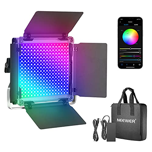 Neewer 660 RGB LED Lampe avec Contrôle d'APP, 660 SMD LEDs CRI95 3200K-5600K Luminosité 0-100%, 0-360 Couleurs Réglables, 11 Scènes Applicables avec LCD Écran, Support U, Barndoor, Coque Métallique