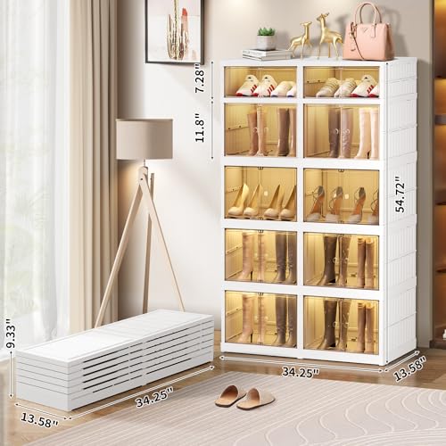 Image of CIMLORD 5-Tier Foldable Shoe Rack Organizer for Boots, 20 Pairs, White | Collapsible Large Plastic Shoe Cabinet Storage, Fits Tall Boots, Stackable with Lids, Easy Assembly, for Closet & Entryway
