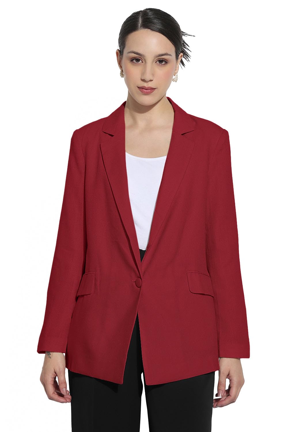 showoffff Women's Red Single Breasted Blazer with Shoulder Pads-CHN-GD-010_Red-picture-13