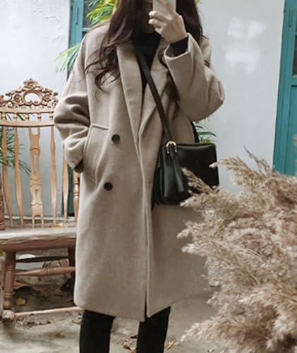 Sexyshine Women's Winter Double Breasted Coats Casual Loose Notch Lapel Wool Blend Pea Coat Warm Long Overcoat4