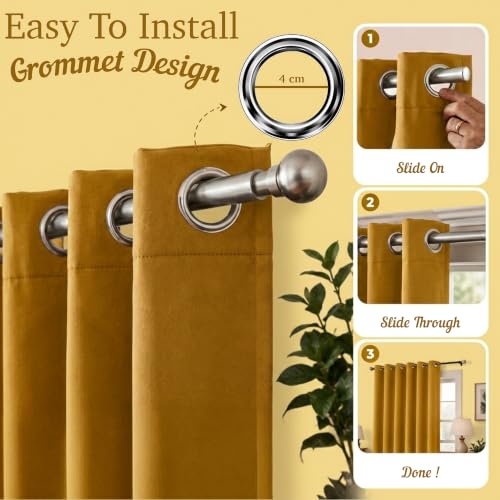 Image of 100% Blackout Window Curtains, 9 Feet, Solid Design, Faux Silk, Thermal Insulated, Noise Reducing Eyelet Door Curtain with Tie Back for Living Room & Bedroom, 115x274cm, Pack of 1 - Yellow