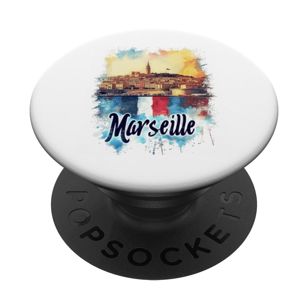 Marseille France Watercolor Souvenir Panoramic Travel PopSockets Swappable PopGrip, Black