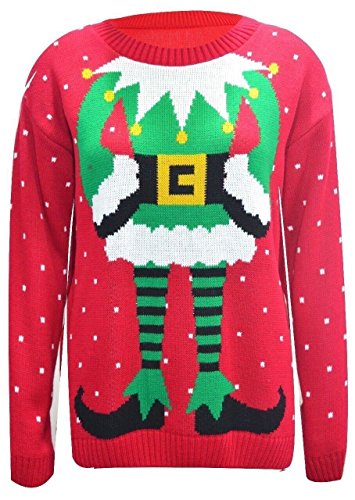 Image of Women's Knitted Xmas Elf Joker Sign Top - Unisex Long Sleeve Novelty Sweater Christmas Jumper (Red, Small)