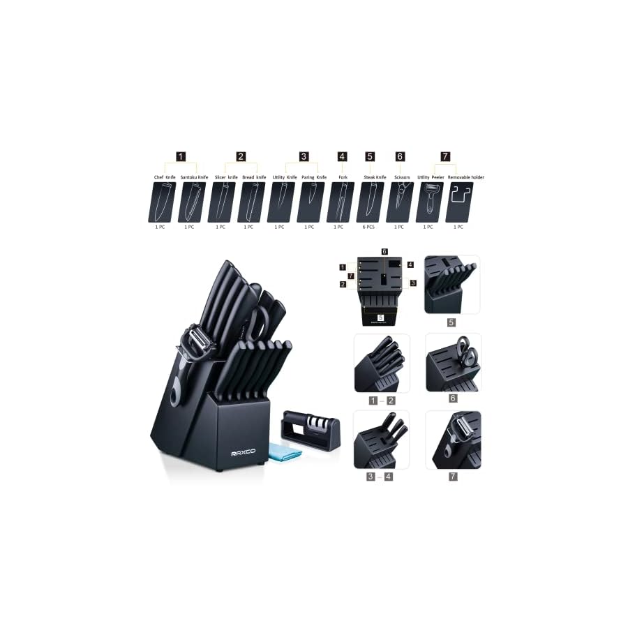 RAXCO Knife Set,Kitchen Knife Set With Block Knife Sets Dishwasher Safe, Black 17-in-1