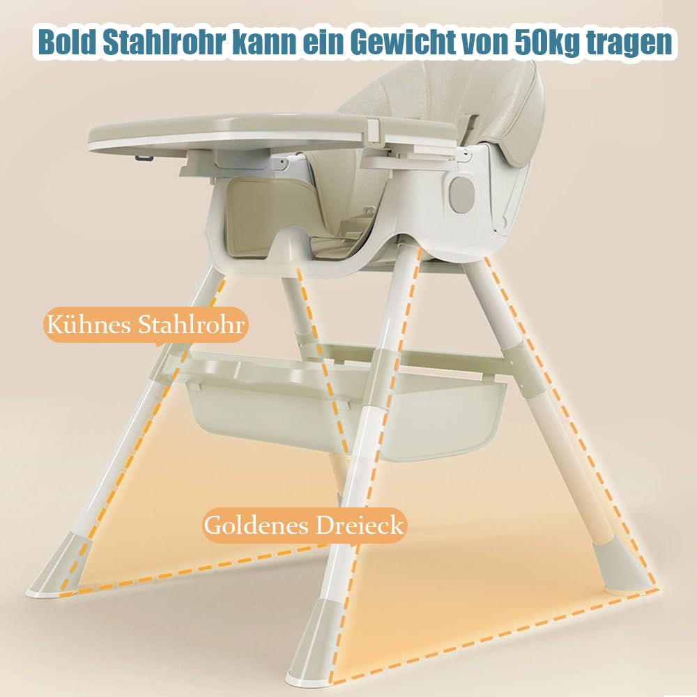 Supfine Chaise haute pour bébé 3 en 1, réglable avec ceinture de sécurité à 5 points, planche à manger amovible, hauteur réglable 87 cm, pliable, pour bébés et tout-petits (beige, 3 en 1)
