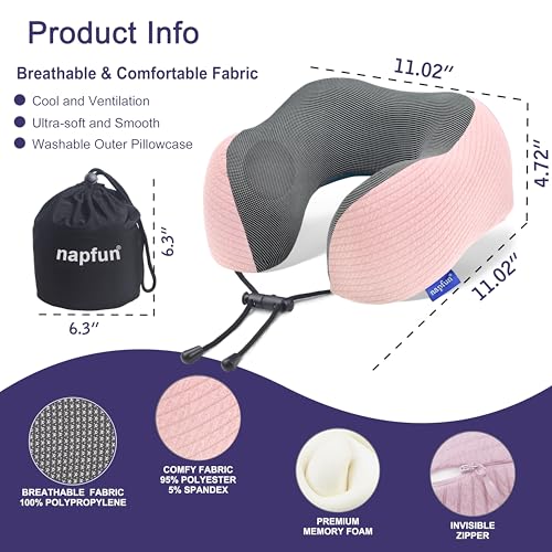 Image of napfun Neck Pillow for Traveling, Upgraded Travel Neck Pillow for Airplane 100% Pure Memory Foam Travel Pillow for Flight Headrest Sleep, Portable Plane Accessories, Pink