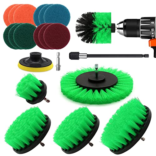 VIBRATITE 20 Pièces Brosse Nettoyage Perceuse, Multifonctionnel Brosse Visseuse Nettoyage Kit pour Salle de Bain, Cuisine, Tapis, Sol, Carreaux, Voiture, Jantes - Vert Drill Brush