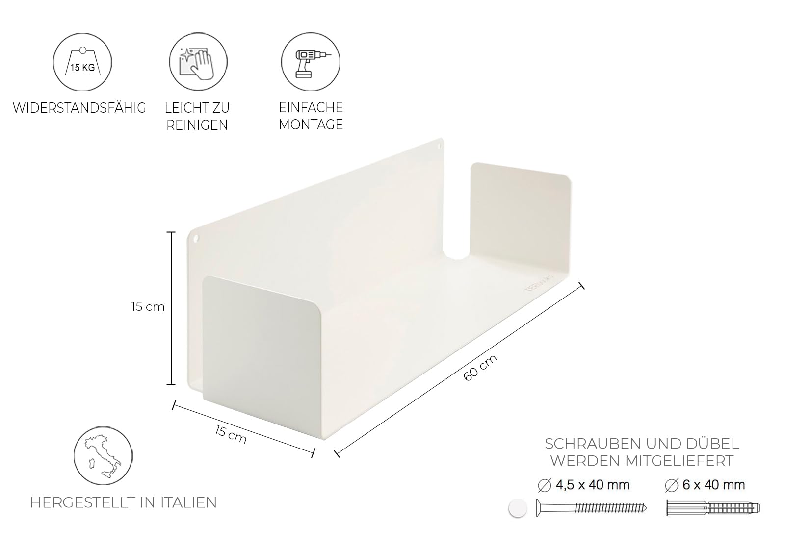 TEEbooks – 2 Schwebende Bücher Wandregal 60 cm | Unsichtbares Regal aus Stahl Weiss | Minimalistisches Wand Bücherregal | Made in Italy | Einfache Wandmontage